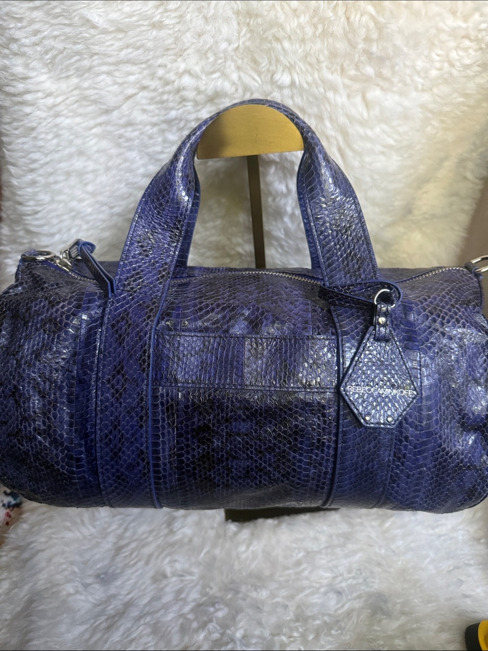 Rebecca Minkoff Blue Embossed Leather Snakeskin Barrel Satchel